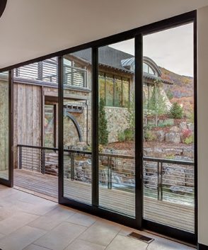 Sliding patio door with black frame